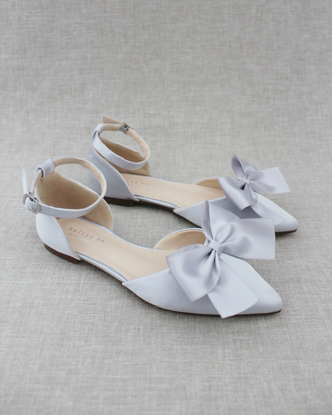 Silver Satin Pointy Toe Flats With FRONT SATIN BOW , Women Wedding ...
