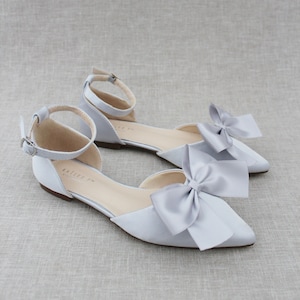 Silver Satin Pointy Toe Flats with FRONT SATIN BOW , Women Wedding Shoes, Bridal Shoes, Satin Wedding Shoes, Holiday Shoes