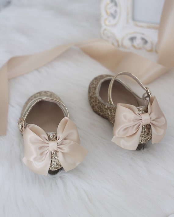 Girls Glitter Heel Shoes GOLD Rock Glitter mary jane heels with added satin bow Flower Girl shoes and Princess Shoe Girls Glitter Heel Shoes GOLD Rock Glitter mary jane heels with added satin bow Flower Girl shoes and Princess Shoe