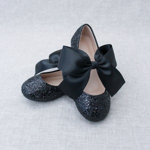 BLACK Rock Glitter Maryjane with BLACK SATIN bow Flower Girl Shoes, Holiday Party Shoes, Black Shoes, Fall Girls Shoes image 5