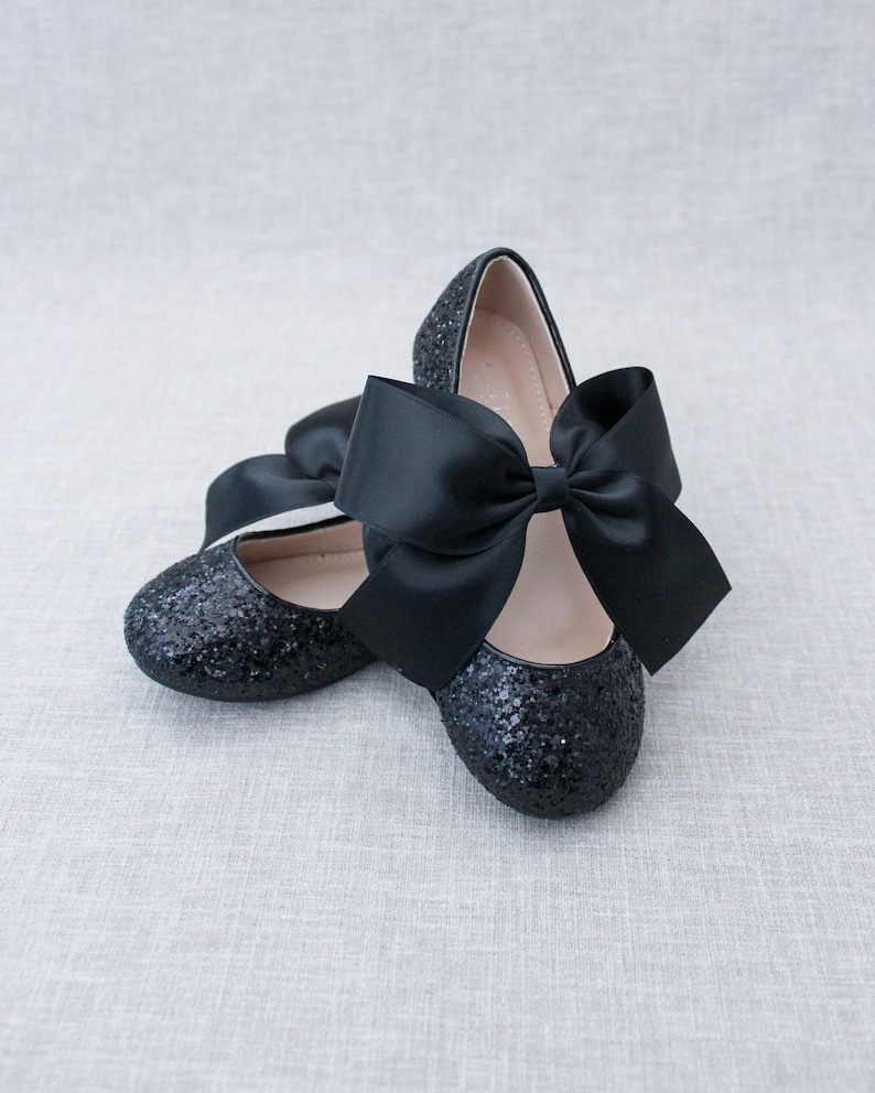 BLACK Rock Glitter Maryjane with BLACK SATIN bow Flower Girl Shoes, Holiday Party Shoes, Black Shoes, Fall Girls Shoes image 5