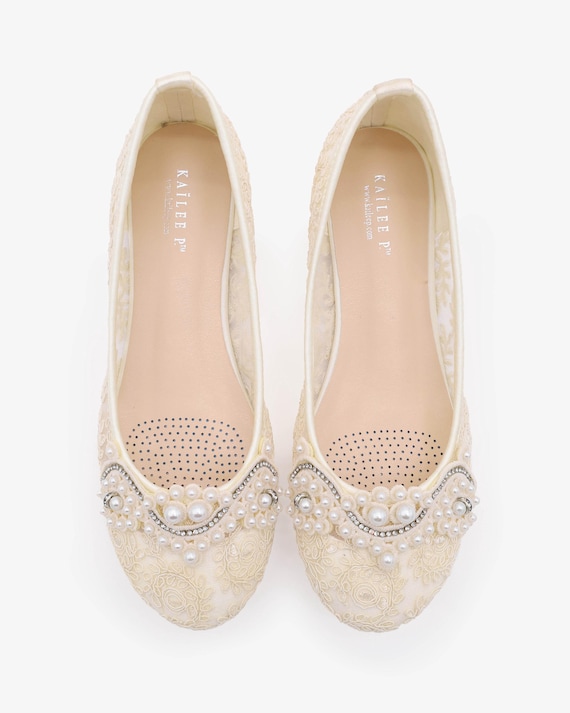 Ivory Crochet Lace Round Toe Flats with SMALL PEARLS APPLIQUE - Women Wedding Shoes, Bridesmaid Shoes, Bridal Shoes, Bridal Lace Shoes