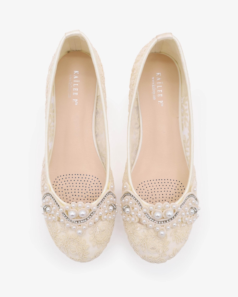 Ivory Crochet Lace Round Toe Flats with SMALL PEARLS APPLIQUE - Women Wedding Shoes, Bridesmaid Shoes, Bridal Shoes, Bridal Lace Shoes image 1
