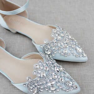 Light Blue Satin Pointy Toe Flats with Sparkly RHINESTONES APPLIQUE , Women Wedding Shoes, Bridal Shoes, Something Blue, Bridesmaids Shoes image 3