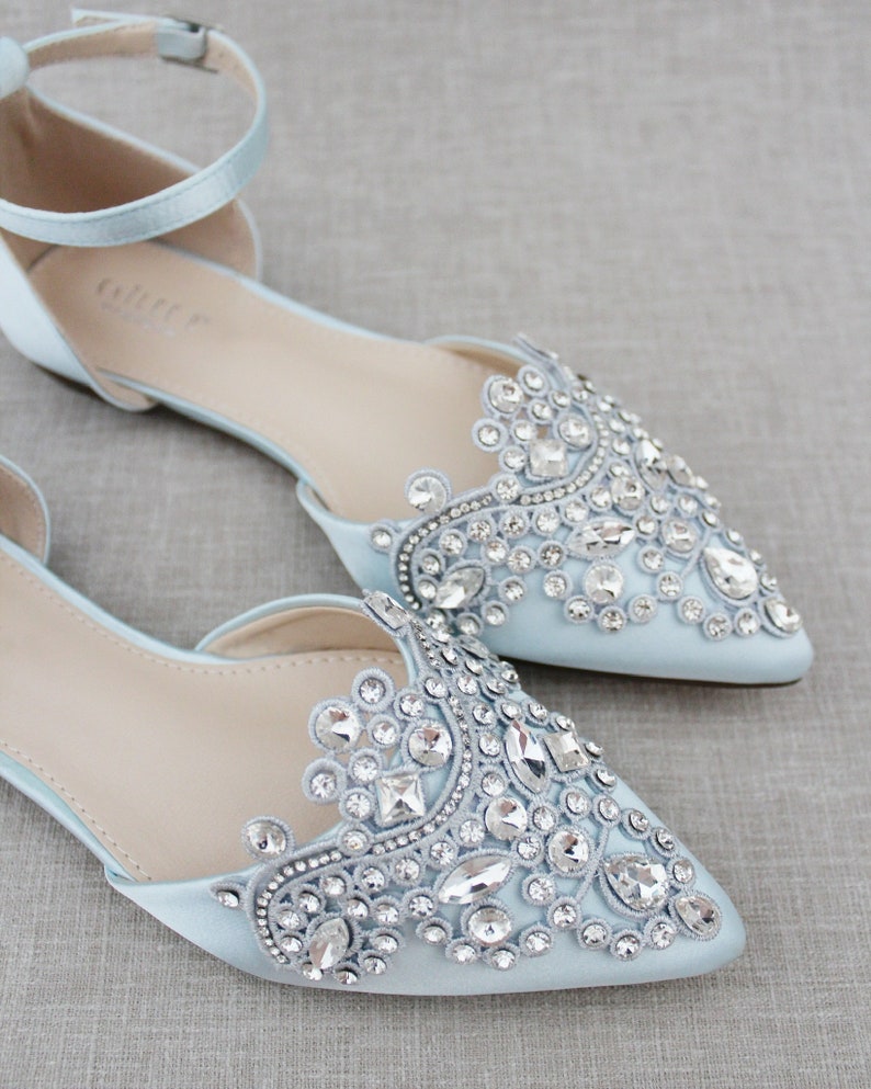 Light Blue Satin Pointy Toe Flats with Sparkly RHINESTONES APPLIQUE , Women Wedding Shoes, Bridal Shoes, Something Blue, Bridesmaids Shoes image 3