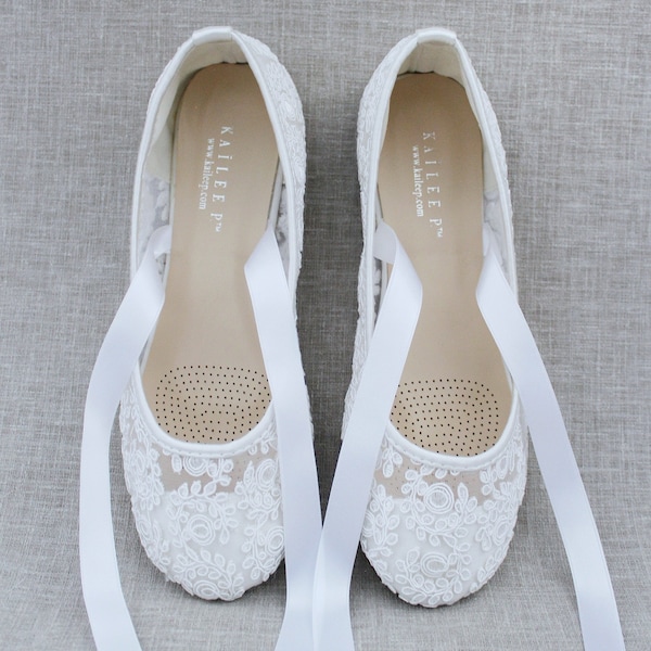 Women Wedding Shoes - White Lace round toe BALLERINA Lace up flats - For Brides and Bridesmaids Shoes