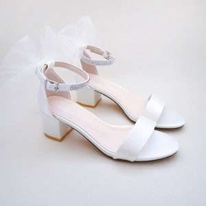 White Satin Block Heel Sandal with TULLE BACK BOW, Bride Sandals, Flower Girls Shoes, Jr.Bridesmaid Shoes, Mother Daughter Shoes, Baptism