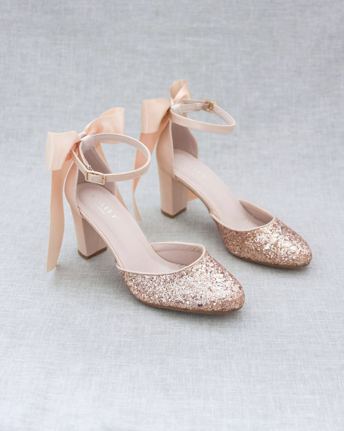 Rose Gold Rock Glitter Block Heel with BLUSH SATIN Back Bow image 1