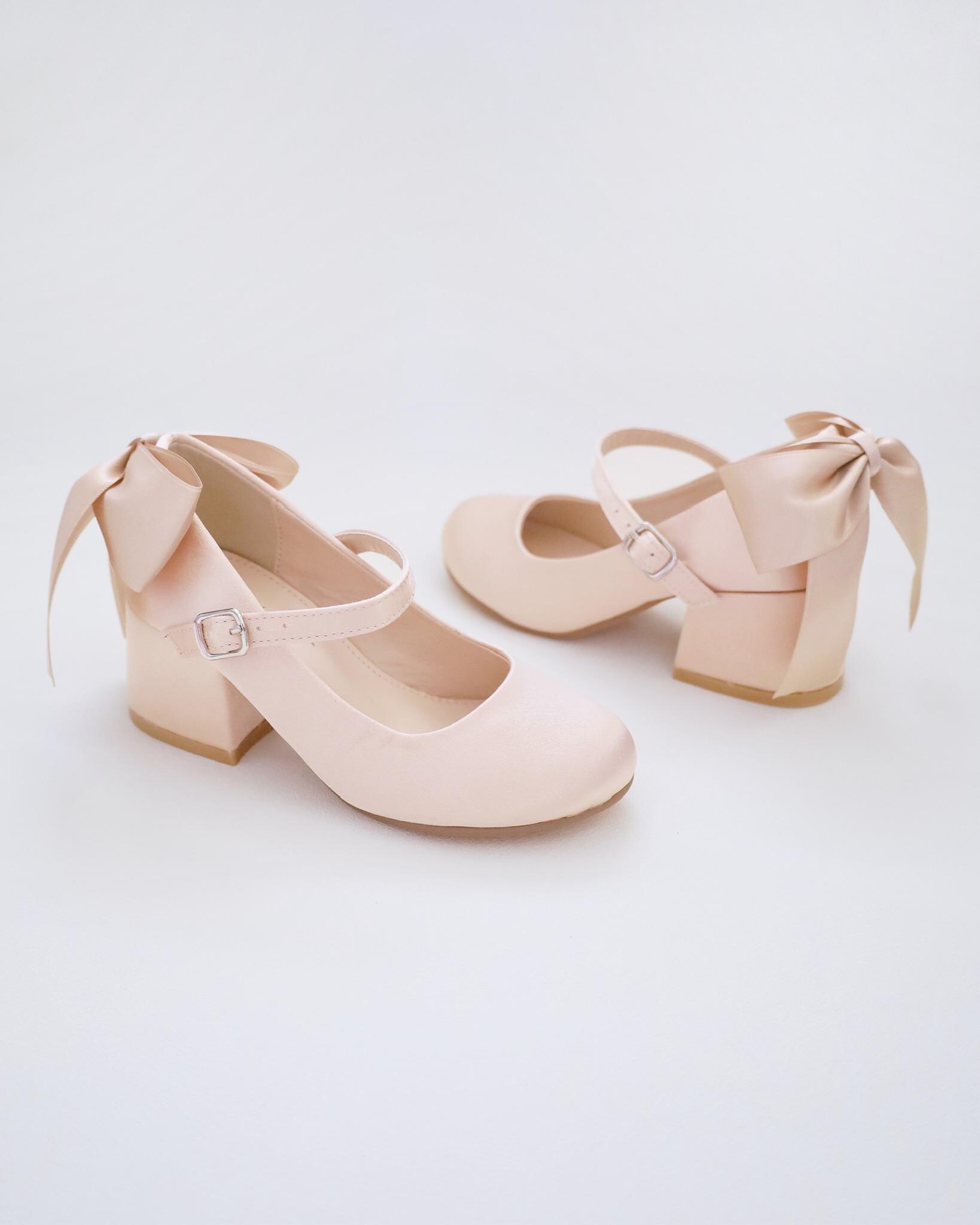 Champagne Girls Satin Mary Jane Block Heel With Back Satin Bow, Flower ...
