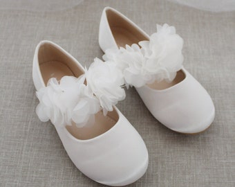 White Satin Mary Jane with CHIFFON FLOWERS - Girls Satin Shoes, White Baptism Shoes, Communion Shoes, Flower Girls Shoes, Holiday Shoes