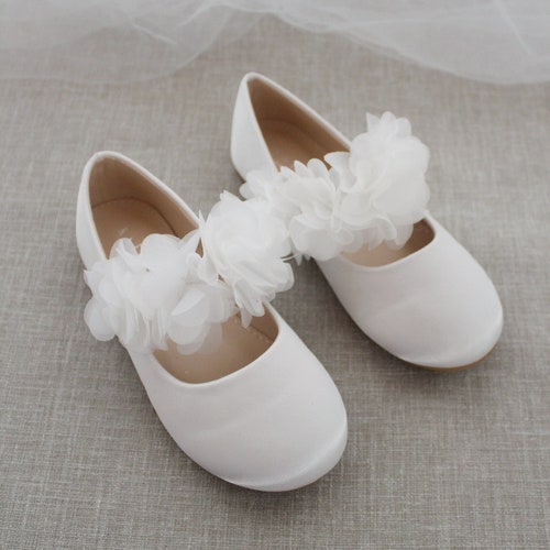 White Satin Mary Jane With CHIFFON FLOWERS Girls Satin - Etsy Australia
