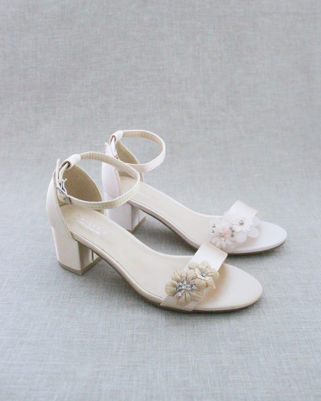 Women Satin Block Heel Sandal With Flower Appliques Bridesmaid Shoes ...