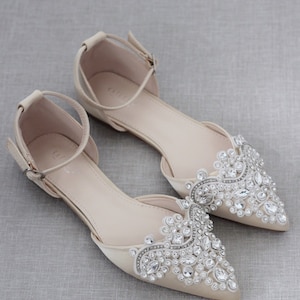 Champagne Satin Pointy Toe Flats with Sparkly OVERSIZED RHINESTONE APPLIQUE, Fall Wedding Shoes, Bridesmaid Shoes, Holiday Shoes