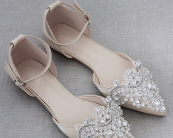 Champagne Satin Pointy Toe Flats with Sparkly OVERSIZED RHINESTONE APPLIQUE, Fall Wedding Shoes, Bridesmaid Shoes, Holiday Shoes