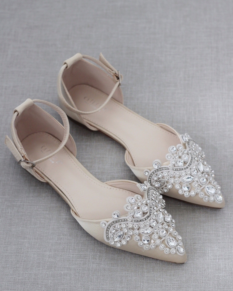 Champagne Satin Pointy Toe Flats with Sparkly OVERSIZED RHINESTONE APPLIQUE, Fall Wedding Shoes, Bridesmaid Shoes, Holiday Shoes 