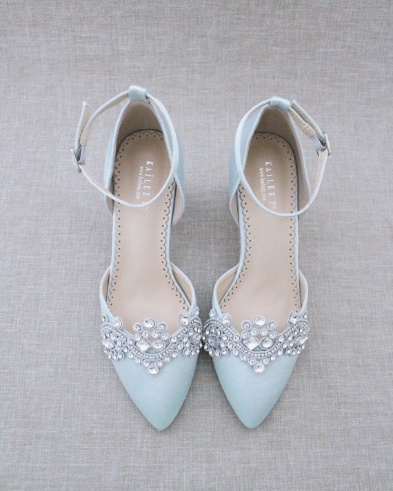 White Satin Pointy Toe Flats with Rhinestones Applique Embellishments - Wedding Shoes, Bridal Shoes, Bridesmaids Shoes US 6 / UK 4 / EU 36 / Oversized