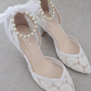 White Crochet Lace Almond Toe Block Heel With Pearl Ankle Strap Women ...