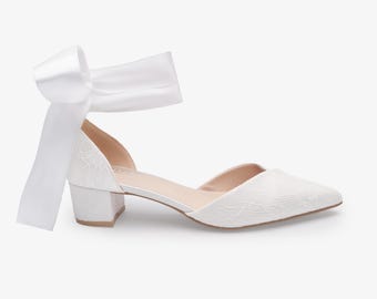 White Lace Pointy Toe Low Block Heels Wedding Shoes with Wrapped Ankle Tie, Wedding Shoes, Bridal Low Heel, White Bridal Shoes