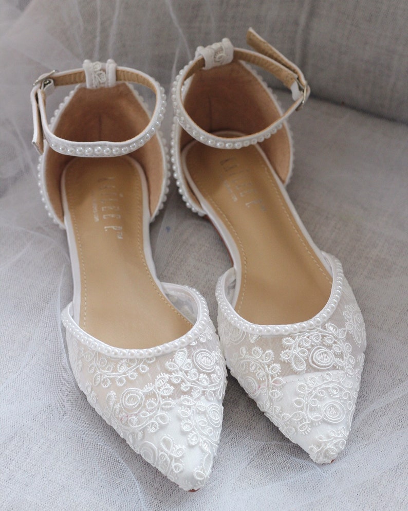 WHITE CROCHET LACE Pointy toe flats with Mini Pearls Women image 0