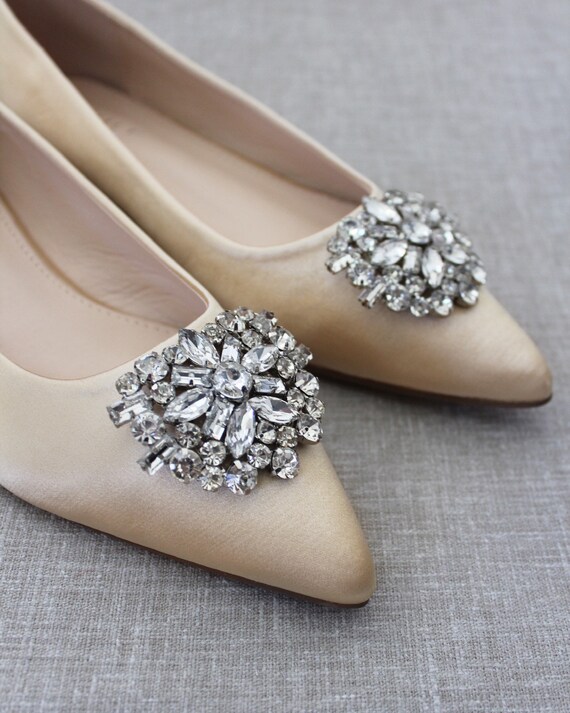 Champagne Satin Pointy Toe Flats With 