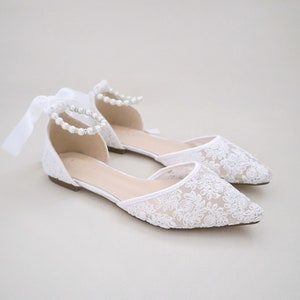 White Crochet Lace Pointy Toe Flats Women Wedding Shoes, Bridesmaid Shoes, Bridal Flats, Wedding Flats, Bridal Lace Shoes, Bride Shoes PEARL & SILVER BEADS