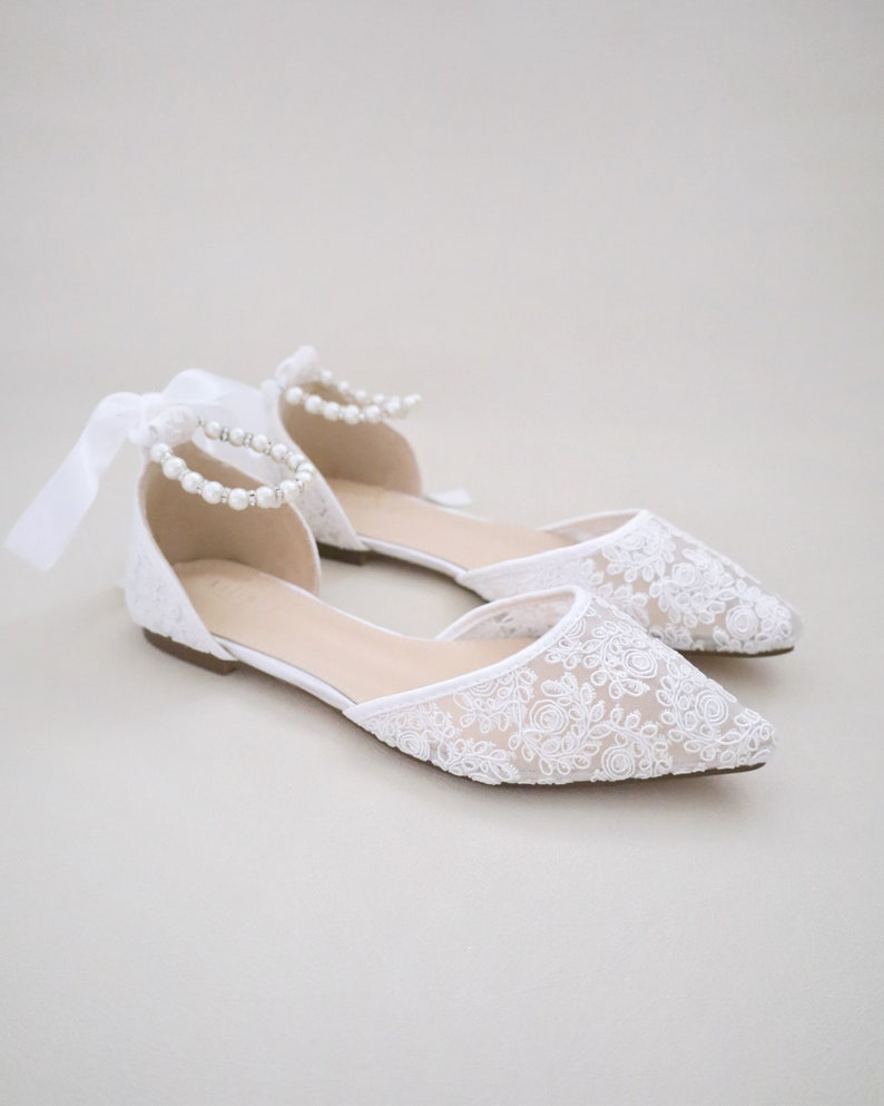 White Crochet Lace Pointy Toe Flats Women Wedding Shoes, Bridesmaid Shoes, Bridal Flats, Wedding Flats, Bridal Lace Shoes, Bride Shoes PEARL & SILVER BEADS