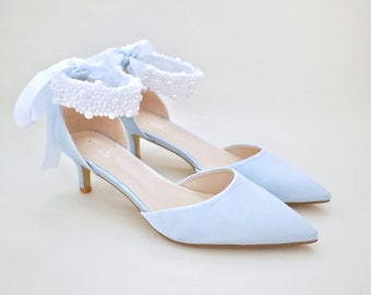 Light Blue Satin Pointy Toe Low Heels with Perla Ankle Strap, Bridal Low Heels, Kitten Heels, Pearl Wedding Shoes, Something Blue