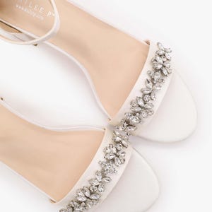 White Satin Block Heel Sandals with FLORAL RHINESTONES on Upper Strap, Flower Girls Shoes, Jr.Bridesmaid Shoes, Wedding Sandals, Women Shoes image 7