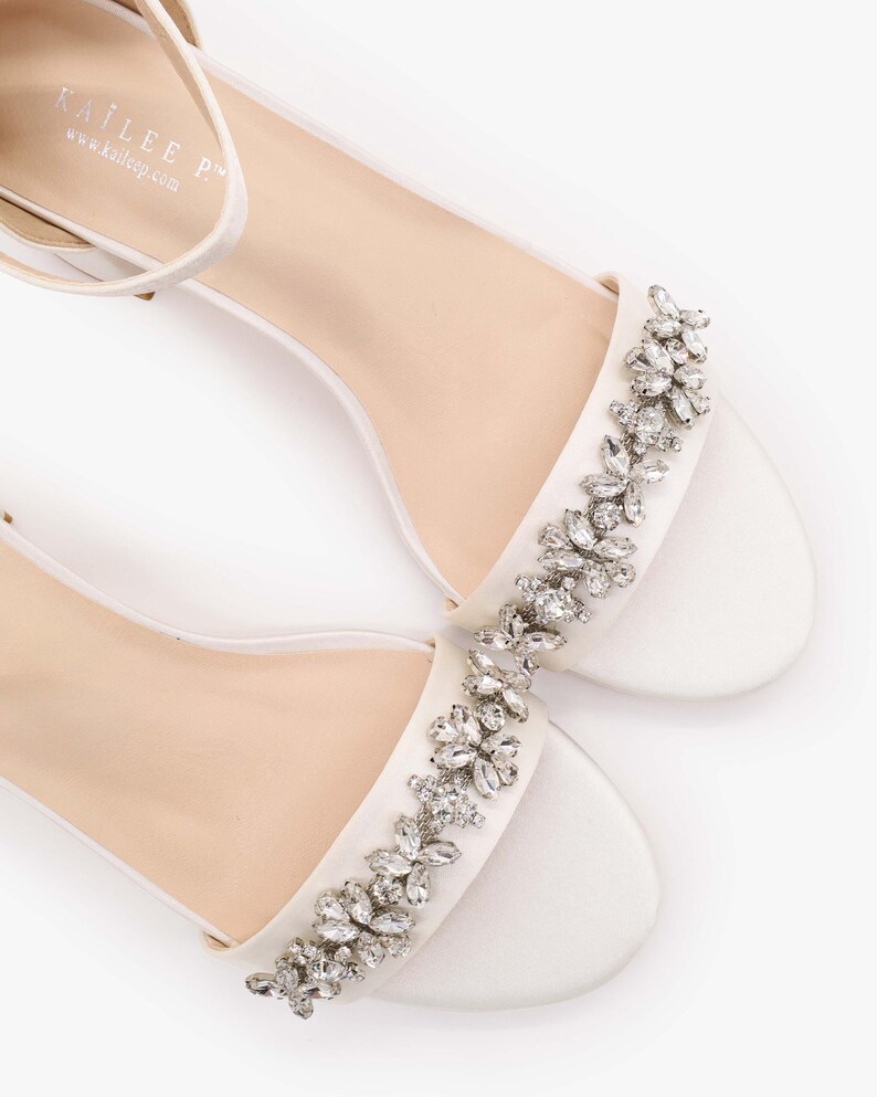 White Satin Block Heel Sandals with FLORAL RHINESTONES on Upper Strap, Flower Girls Shoes, Jr.Bridesmaid Shoes, Wedding Sandals, Women Shoes image 7