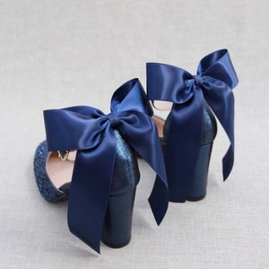 Navy Rock Glitter Block Heel with SATIN BACK BOW, Women Wedding Shoes, Bridesmaids Shoes, Bridal Shoes, Bride Pumps, Holiday Shoes image 4