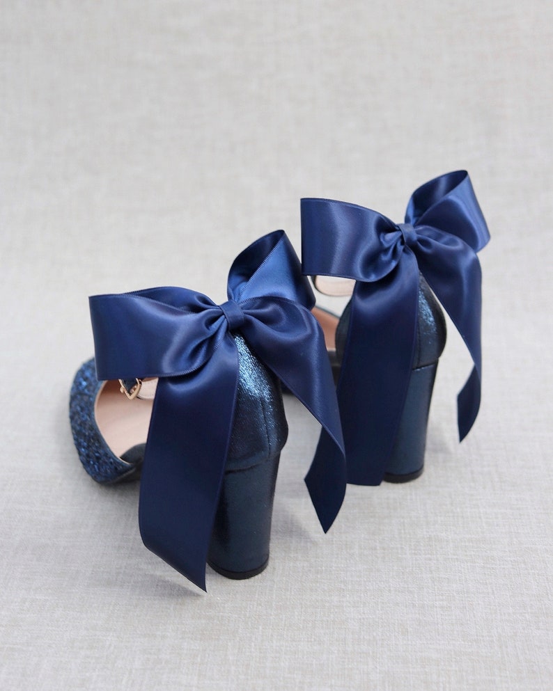 Navy Rock Glitter Block Heel with SATIN BACK BOW, Women Wedding Shoes, Bridesmaids Shoes, Bridal Shoes, Bride Pumps, Holiday Shoes image 4