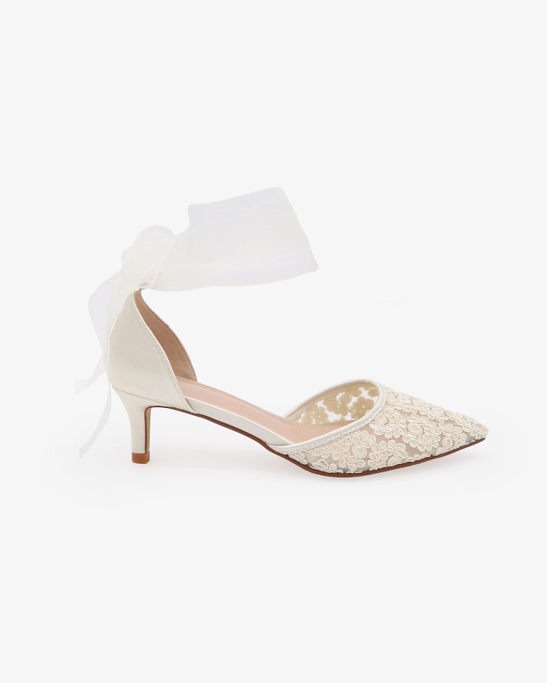 Ivory Crochet Lace Pointy Toe Wedding Low Heels with Wrapped Ankle Tie, Bridal Shoes, Bridal Low Heels, Kitten Heels WRAPPED SHEER TIE