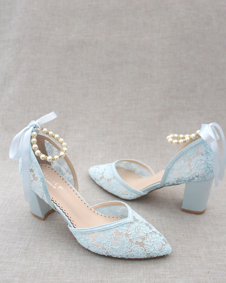 Light Blue Crochet Lace Almond Toe Block Heel With Pearls - Etsy