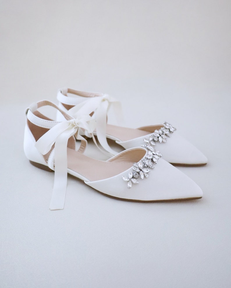 Ivory Satin Pointy Toe flats with FLORAL RHINESTONES and Satin Tie, Women Wedding Shoes, Bridal Flats, Bridal Shoes, Bride Shoes image 3