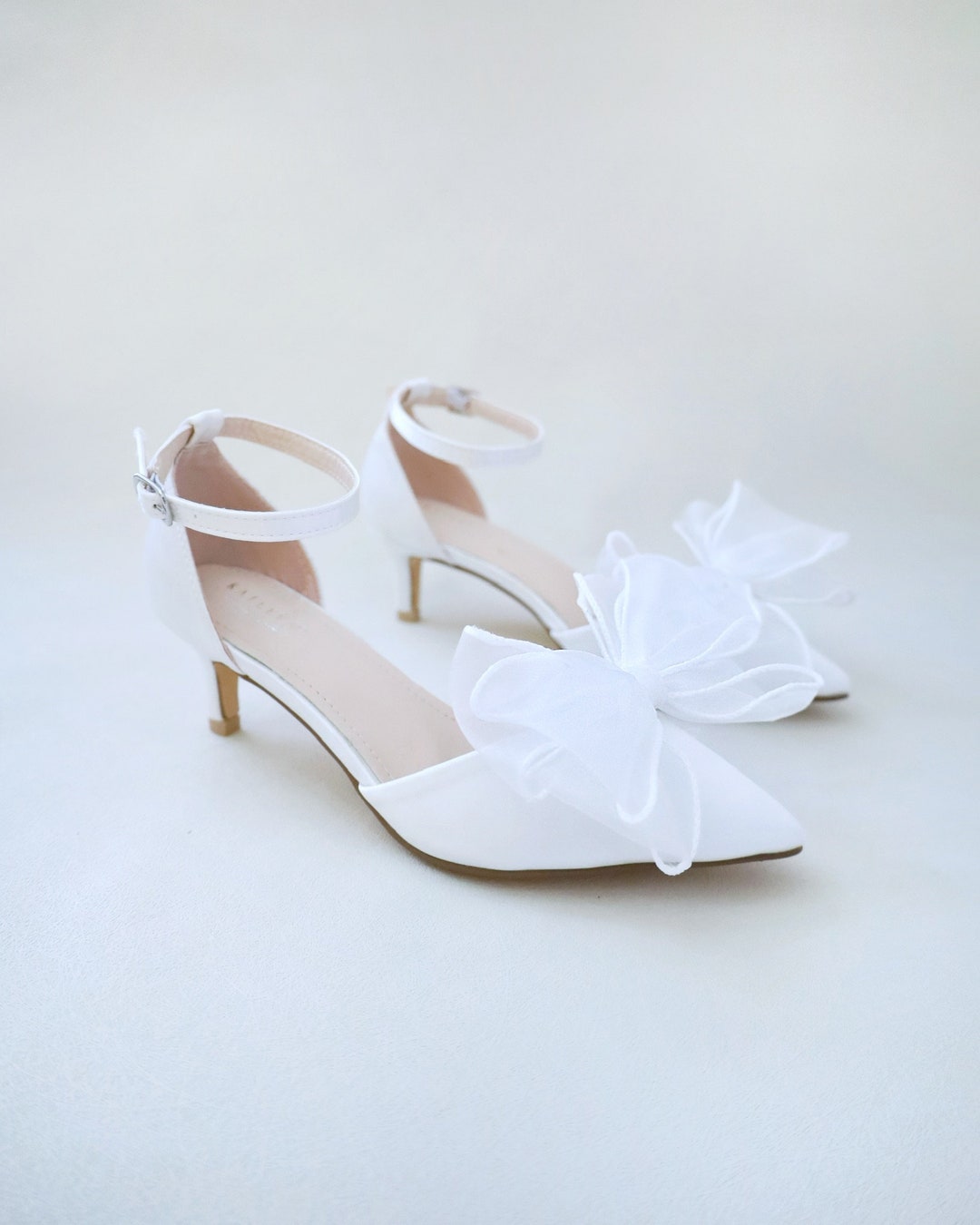 Women's Satin Wedding Pumps With Crystal Details - Low Heel Bridal Shoes Closed Toe