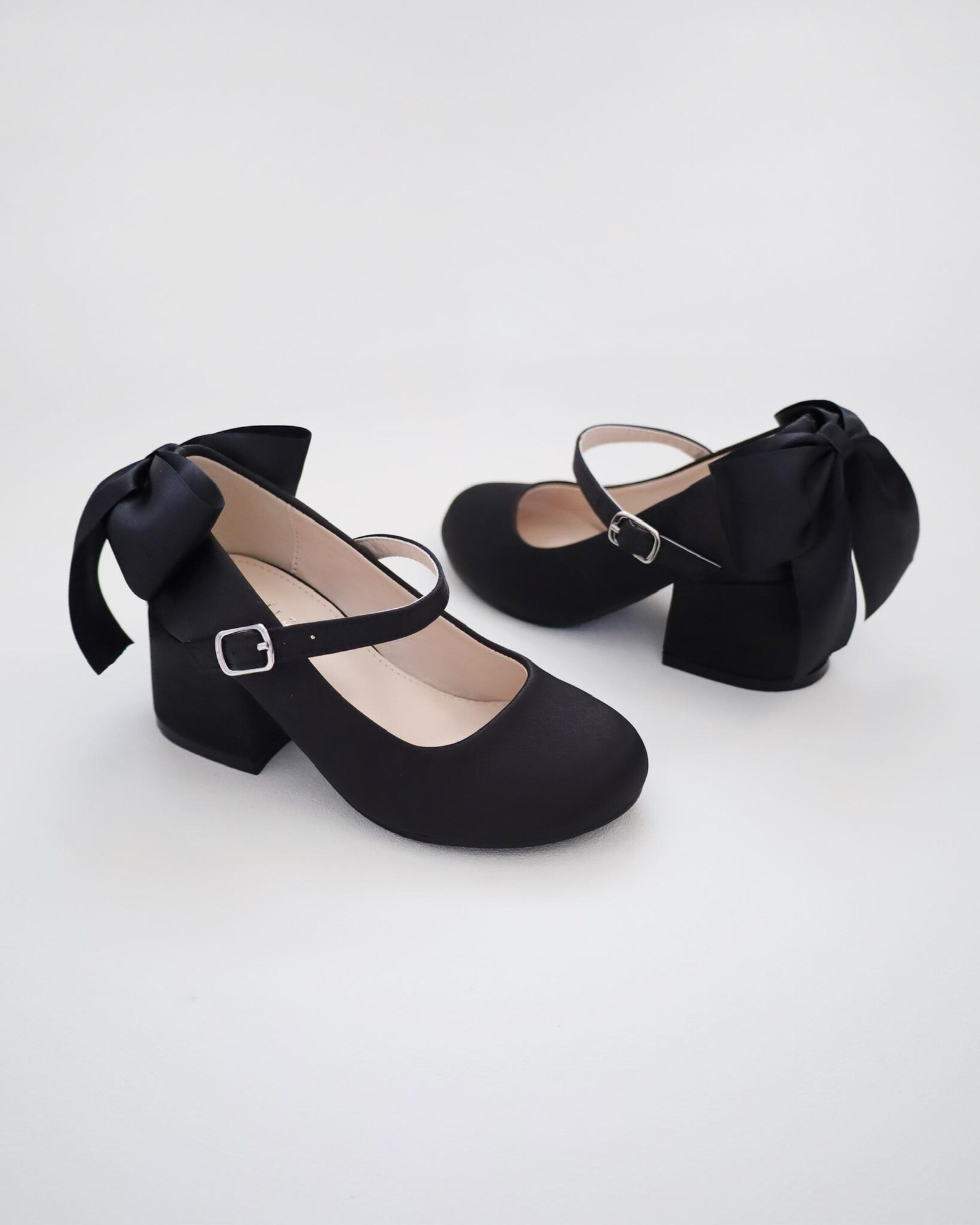 Black Satin Mary Jane Girls Block Heel With Back Satin Bow, Flower ...