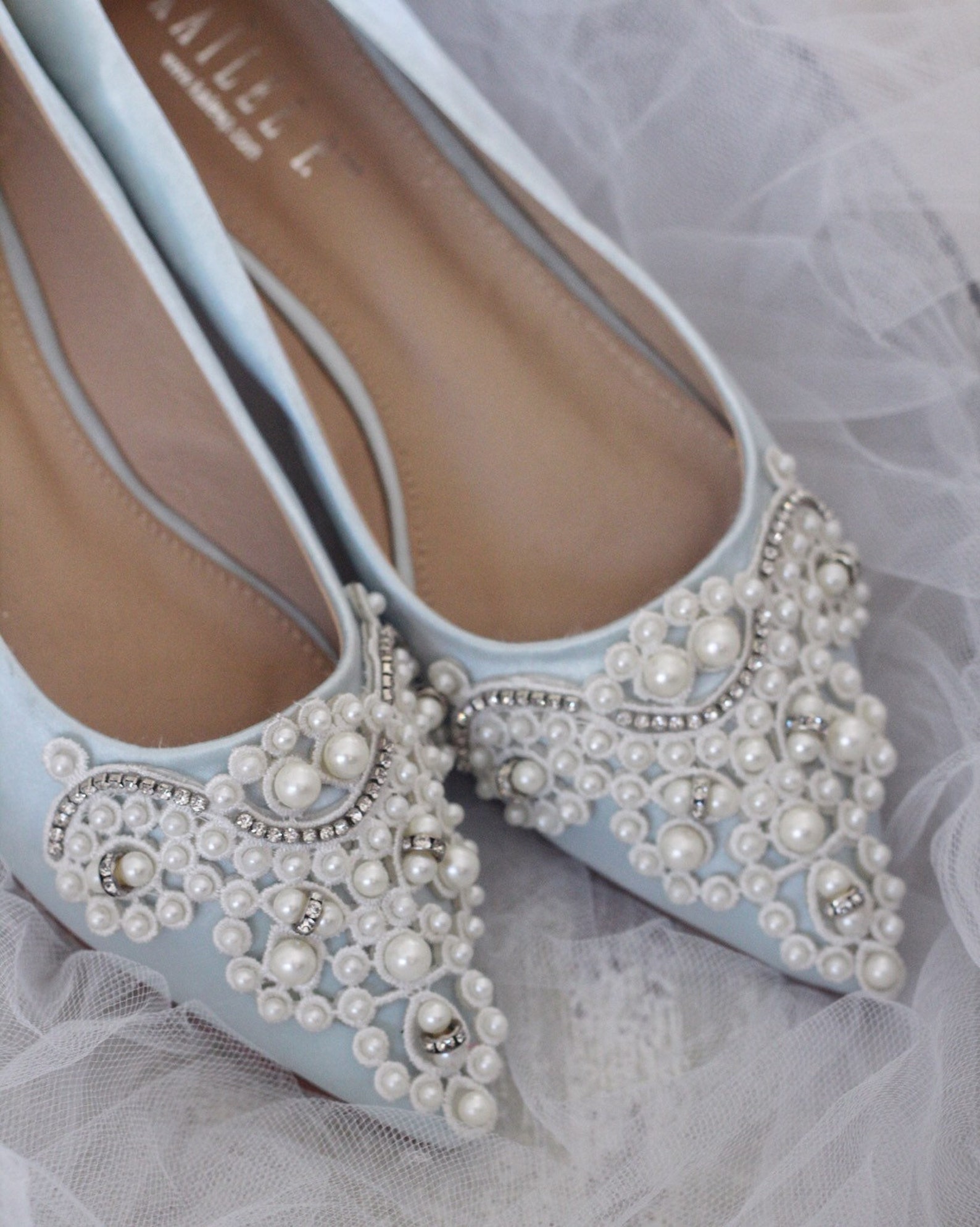 Light Blue Satin Pointy Toe Flats With OVERSIZED PEARLS | Etsy