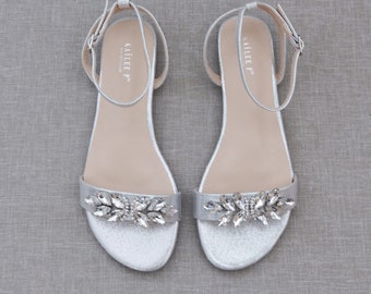 Silver Metallic Flat Sandal with BUTTERFLY BROOCH, Bridesmaid Shoes, Women Sandals, Wedding Sandals, Girls Flat Sandal, Mommy & Me Shoes