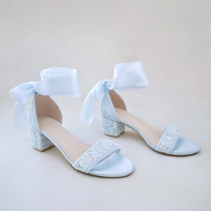 Light Blue Crochet Lace Block Heel Wedding Sandals with Wrapped Ankle Tie - Bridal Shoes, Bridesmaids Heel, Women Sandals, Bridal Block Heel