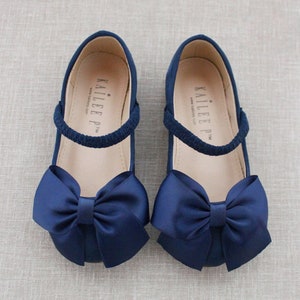 Navy Satin Mary Jane With FRONT SATIN BOW for Fall Flower Girls Shoes ...