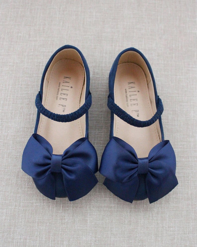 Navy Satin Mary Jane With FRONT SATIN BOW for Fall Flower Girls Shoes ...