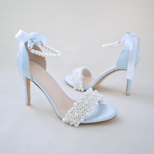 Light Blue Satin High Heel Wedding Sandals With Perla Applique, Wedding ...
