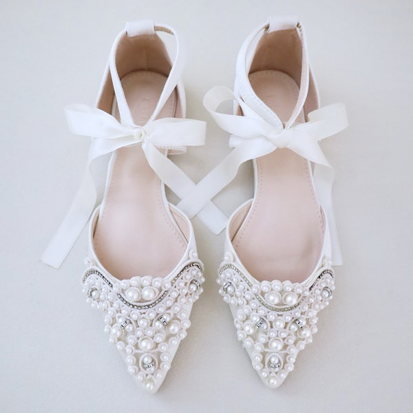 Ivory Satin Pointy Toe Flats with OVERSIZED PEARLS APPLIQUE, Women Wedding Shoes, Ivory Bridal Flats, Ivory Bridal Shoes, Wedding Flats