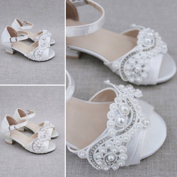 Satin Low Heel Peep Toe Sandals with SMALL PEARLS APPLIQUE, Flower Girls Shoes, Jr. Bridesmaids Shoes, Girls Heels, Flower Girls Heels