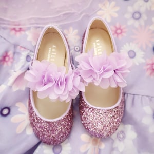 Purple Rock Glitter Mary Jane with Purple Chiffon Flowers for Girls Costume Shoes, Halloween Shoes, Costume Flats
