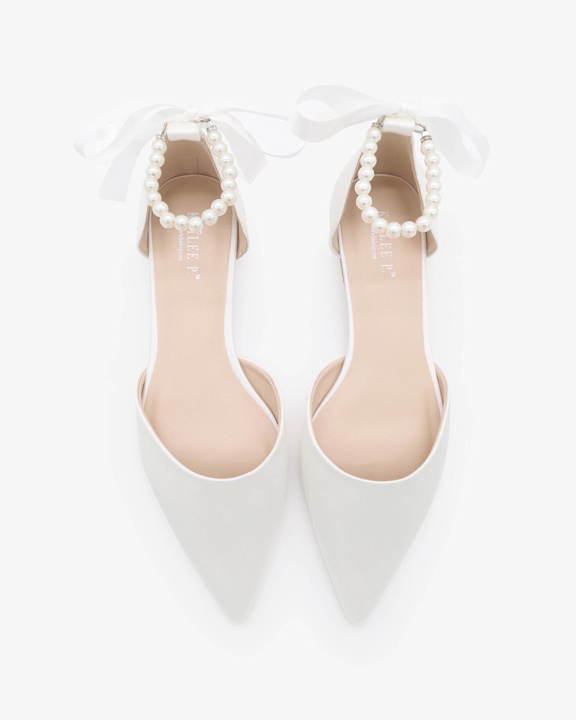 White Satin Pointy Toe Flats With ALL PEARLS Ankle Strap, Satin Wedding ...
