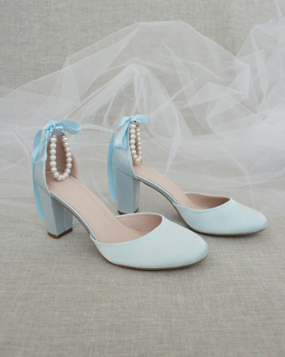 Light Blue Satin Block Heel With All Pearls Ankle Strap, Women