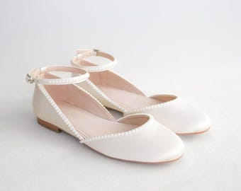 Ivory Satin Flats with Mini Pearls, Wedding Shoes, Bridal Flats, Bridesmaids Shoes, Ivory Wedding Flats