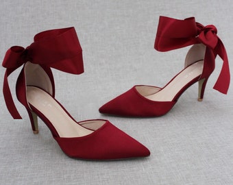 Burgundy Satin Pointy Toe Heels with WRAPPED SATIN TIE, Wedding Shoes, Bridesmaids Shoes, Evening Shoes, Holiday Shoes