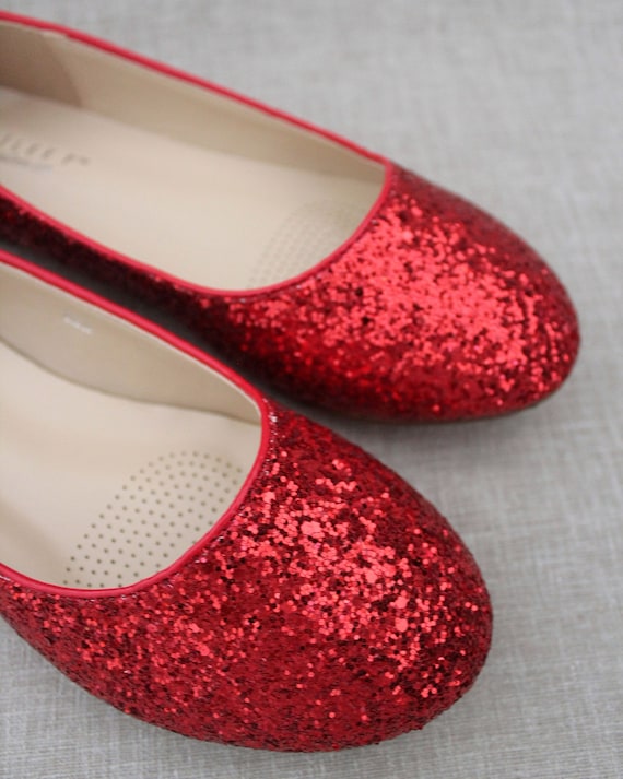 Red Rock Glitter Flats with Back Satin Bow - Bridal Shoes, Bridesmaids Shoes, Women Wedding Flats, Holiday Shoes